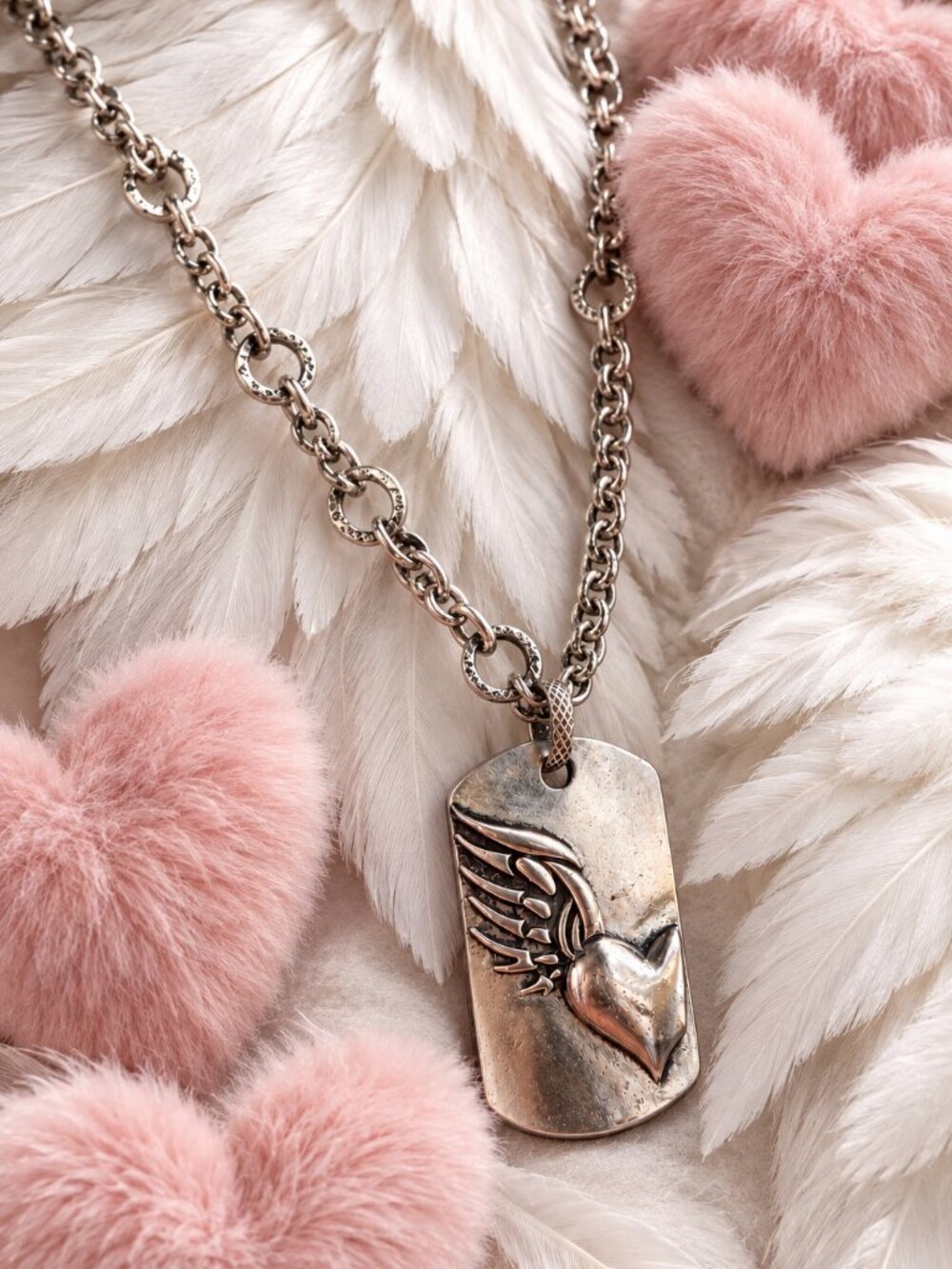 Unique Vintage Silver Angel Wing Wild Heart Dog Tag Pendant Chain LOVE Necklace